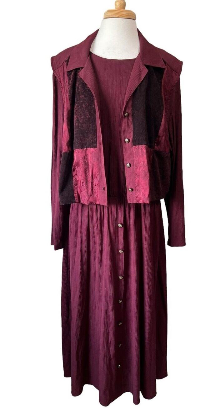 Lady Dorby Women's 20W Burgundy Patchwork Vest & Dress Set 90s Prairie Folk